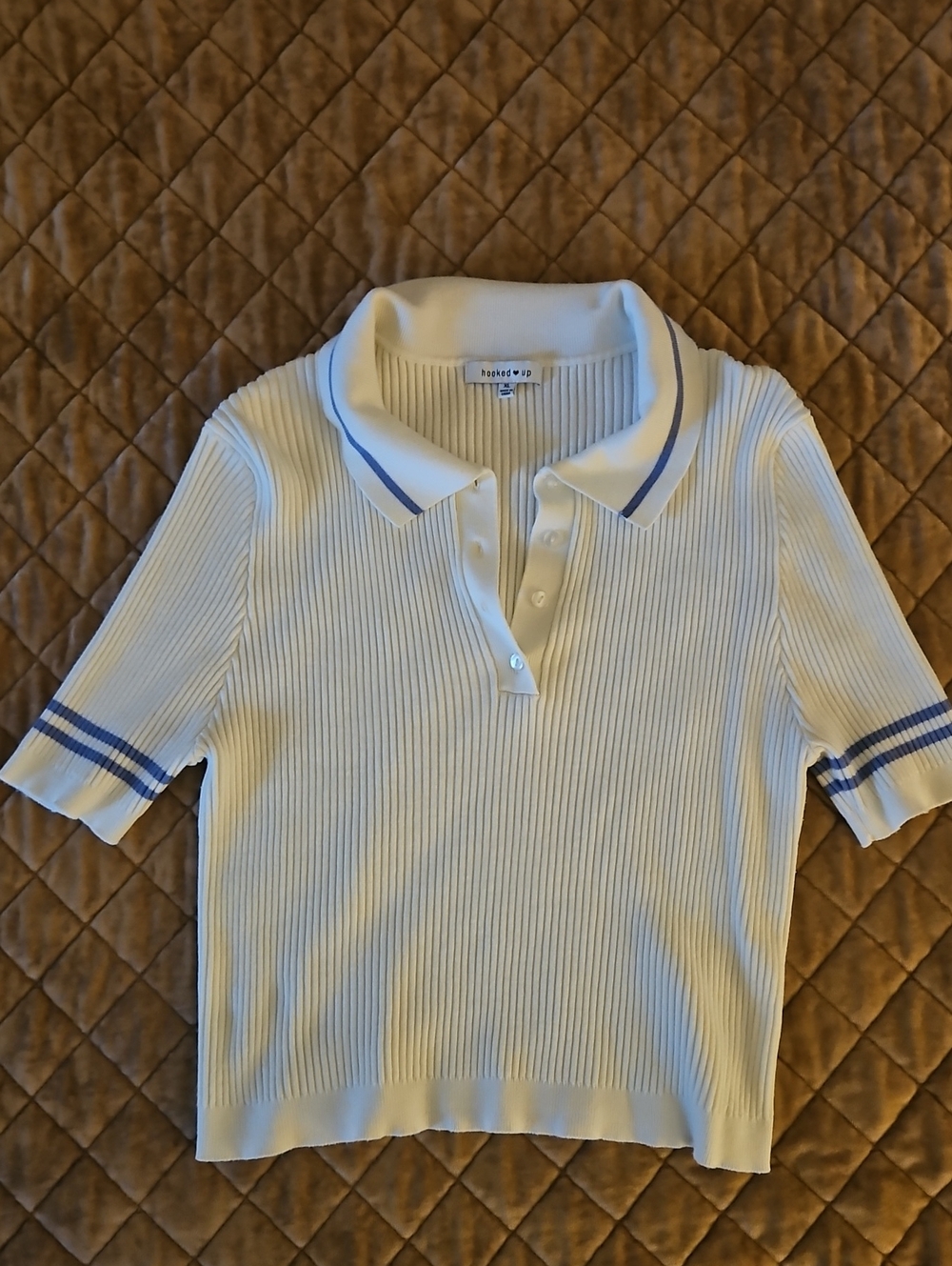 Hooked Up by IOT Cream Ribbed Polo Top with Blue Trim